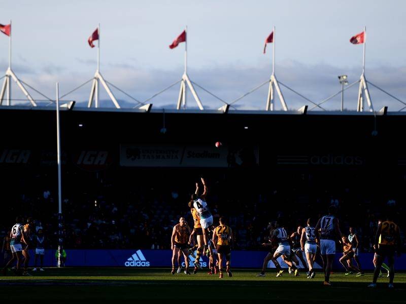 Hawthorn and Port Adelaide ruckmen challenge for first use at a stoppage in Launceston.