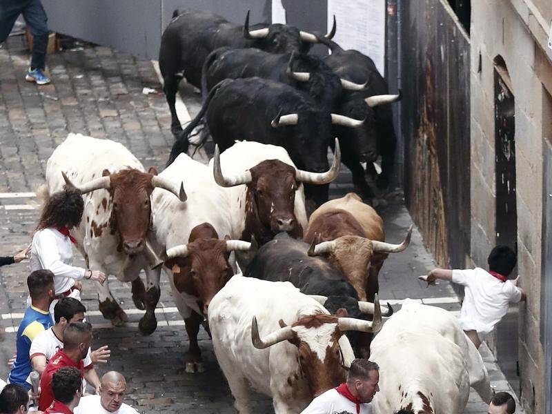 Two people were gored in the first bull run of this year's San Firmin festival in Pamplona, Spain.