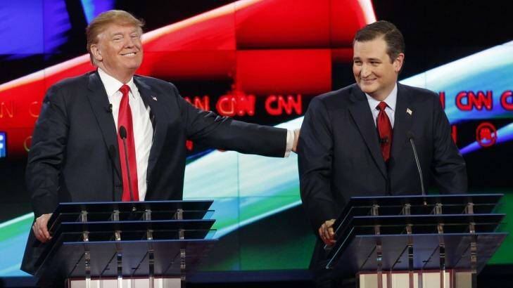 Best of friends: Donald Trump, left, jokes with Ted Cruz, his nearest rival for the nomination. Photo: John Locher