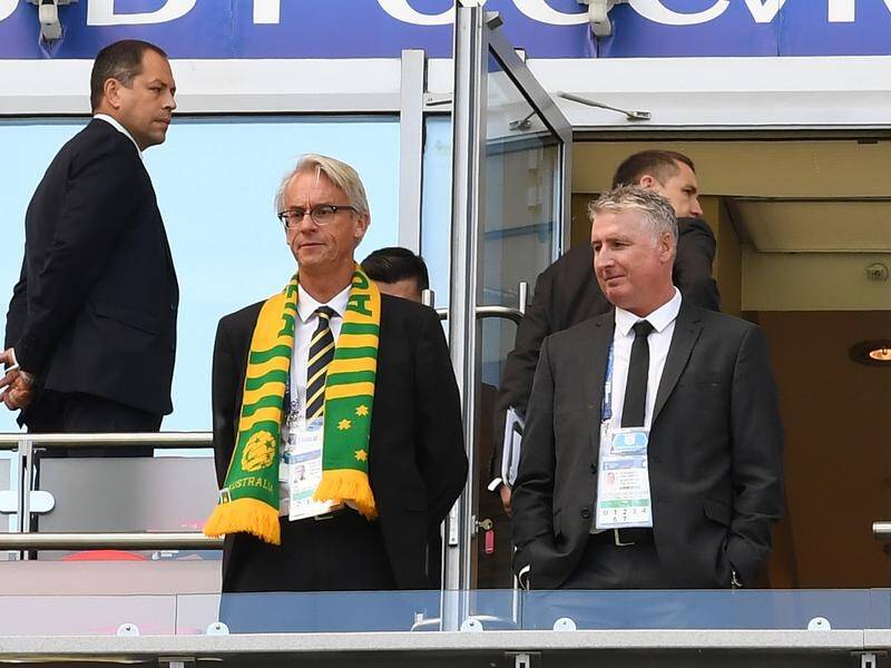 FFA CEO David Gallop (scarf) was in attendance for the Socceroos' World Cup opener against France.