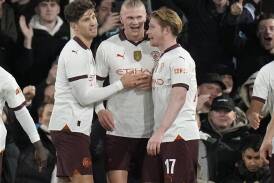 Manchester City's Erling Haaland (second left) scored five of his side's six goals against Luton. (AP PHOTO)