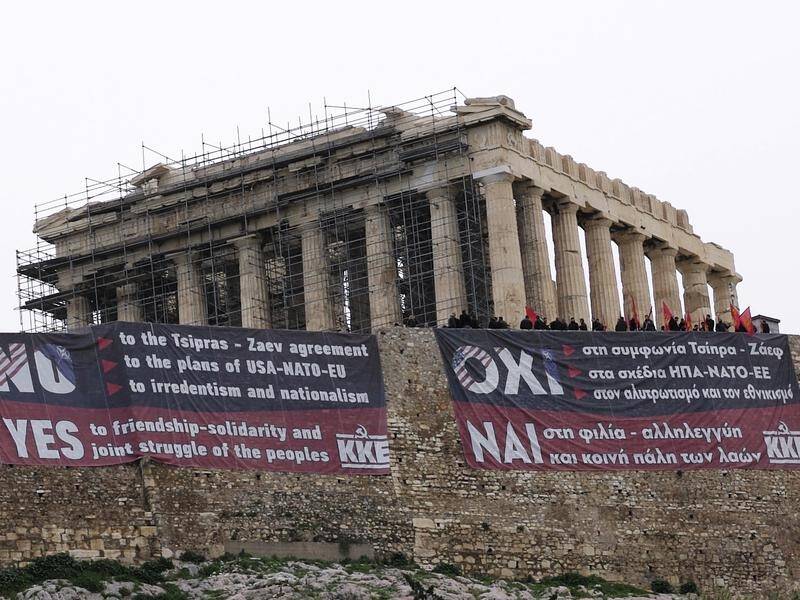Giant banners on the Acropolis in Athens protesting the normalising of relations with Macedonia.