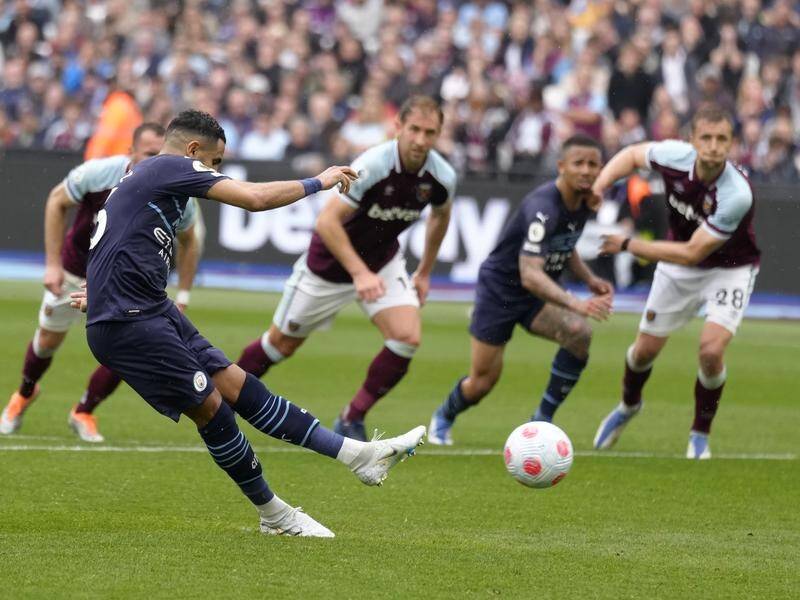 Manchester City's Riyad Mahrez has his penalty saved against West Ham at the London Stadium.