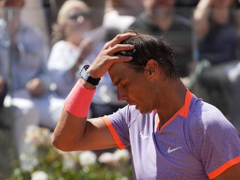 Rafa Nadal looked dismayed after his tough loss at the Italian Open to Polish star Hubert Hurkacz. (AP PHOTO)