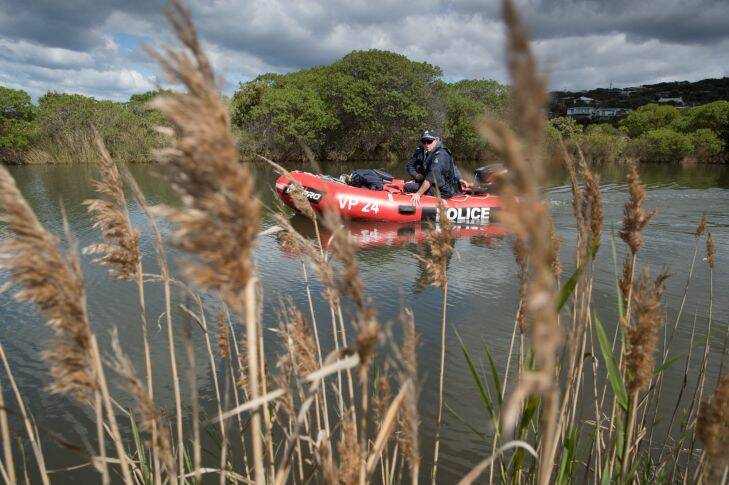 The search continues for missing person Elisa Curry at Airey's. Police search the Paincalak Creek in  boat at Aireys inlet.  5th October 2017. Photo by Jason South