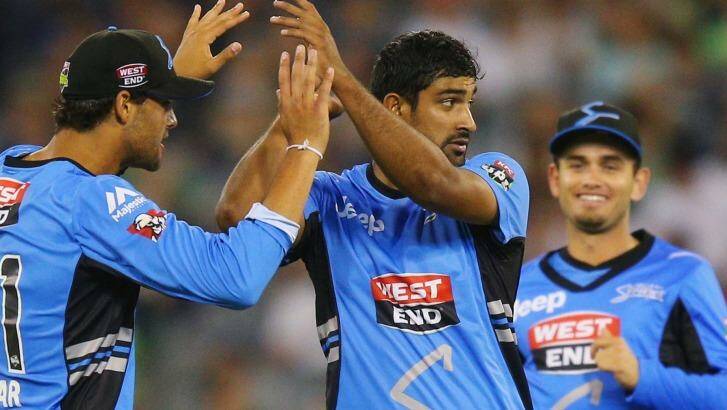 Ish Sodhi of the Strikers celebrates a wicket. Photo: Michael Dodge