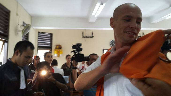 Joshua Terelinck smiles with relief after he received a light sentence for negligently causing the death of an Indonesian man in a motorcycle accident in Bali. Photo: Amilia Rosa