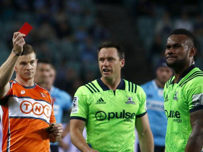 Brendon Pickerill shows a red card to Tevita Nabura during the Highlanders' clash with the Waratahs.