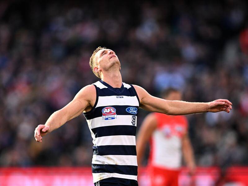 Joel Selwood reacts after captaining Geelong to an 81 point win over Sydney in the AFL grand final. (James Ross/AAP PHOTOS)