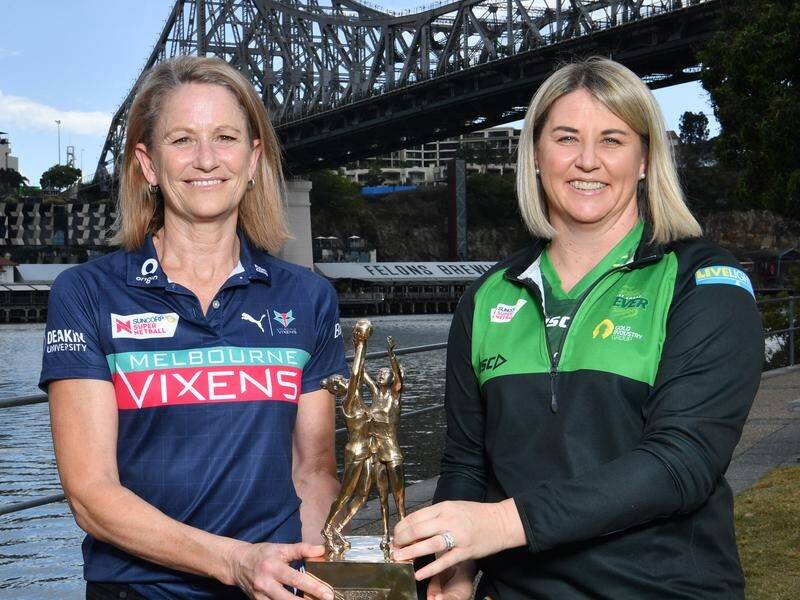 The Super Netball trophy is up for grabs for Simone McKinnis (l) and Stacey Marinkovich on Sunday.