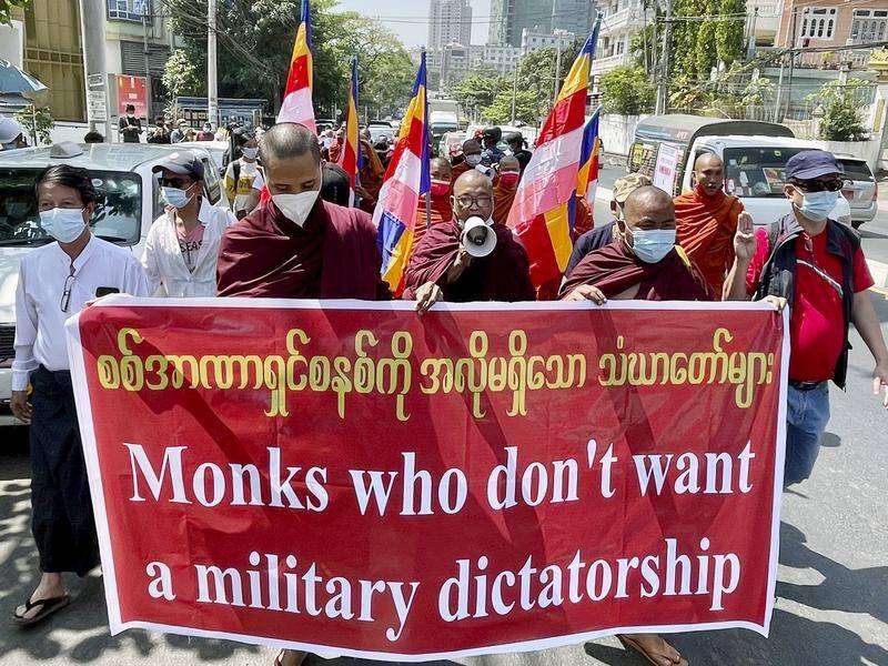 Buddhist monks have rallied in Yangon against the Myanmar military's coup.