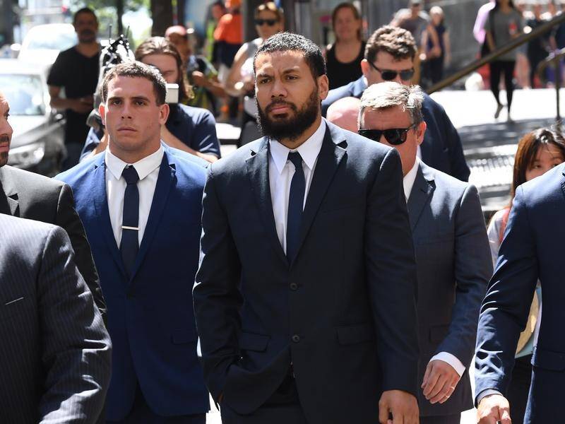 NRL players Adam Elliott (left) and Asipeli Fine have pleaded guilty to wilful and obscene exposure.