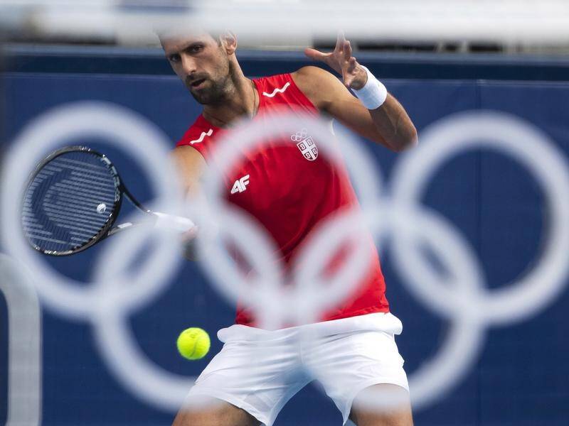 Novak Djokovic in action during training at the Ariake Tennis Centre in Tokyo.