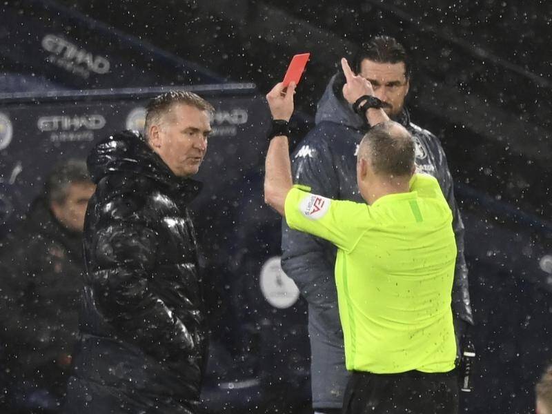 Aston Villa's Dean Smith, here being shown red by ref Jon Moss, has now been charged by the FA.