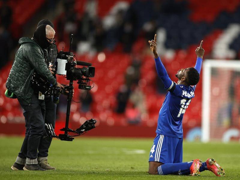 Leicester's matchwinner Kelechi Iheanacho celebrates after his team reached the FA Cup final.