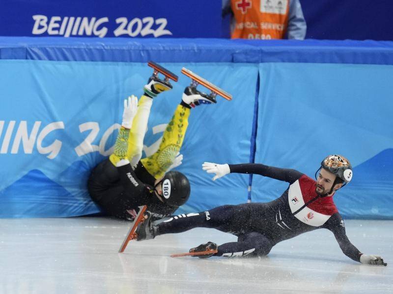 Australia's Brendan Corey (180) crashed out in the men's 1,000-meter short track speedskating QF.