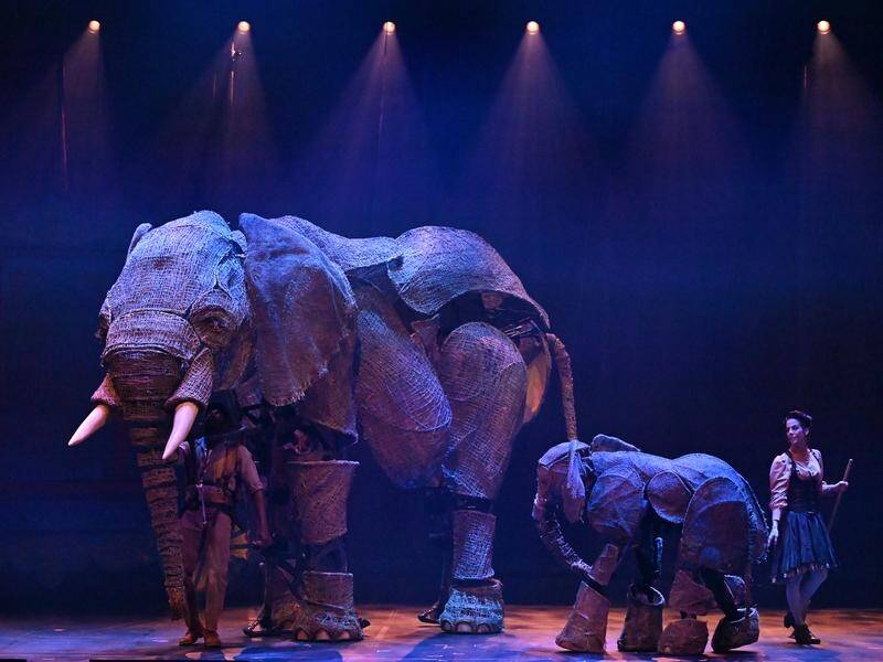 Circus 1903's elephant puppets Queenie and Peanut perform at the State Theatre in Melbourne. (James Ross/AAP PHOTOS)