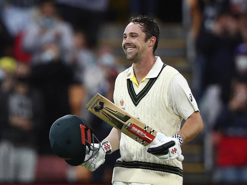 Travis Head celebrates his brilliant ton against England on day one of the final Ashes Test.