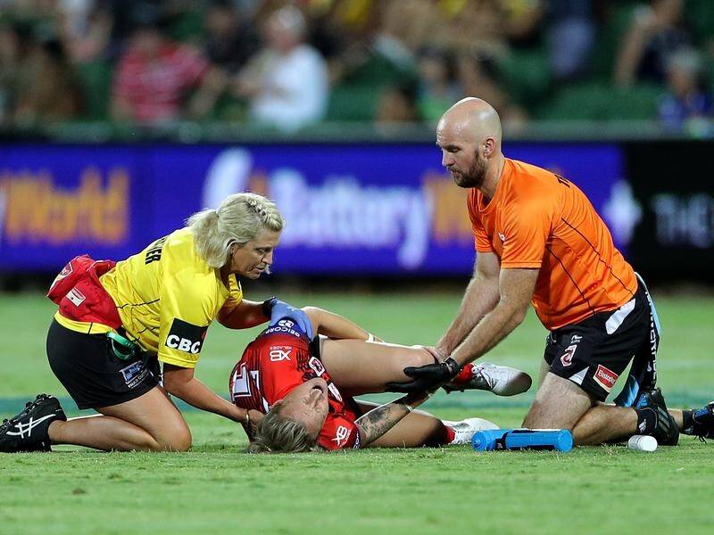 Dragons' Holli Wheeler suffered a suspected ACL injury in the Nines loss to the Roosters in Perth.