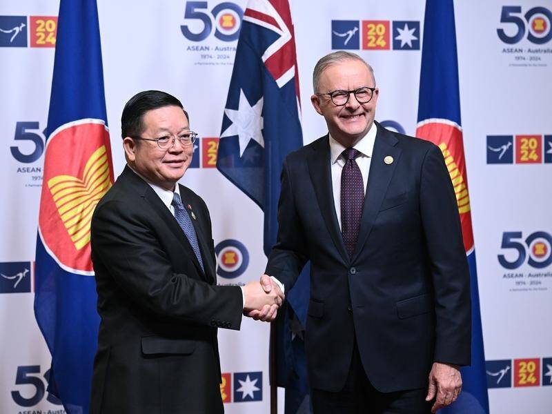 Prime Minister Anthony Albanese greets ASEAN Secretary-General Kao Kim Hourn in Melbourne (Joel Carrett/AAP PHOTOS)