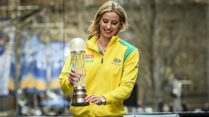 LAURA GEITZ (C) presents the Netball World Cup in Martin Place SYDNEY 2015 Victory Celebration with Australian Diamonds. Team, Mike Baird and coach Lisa Alexander. Photo Brendan Esposito