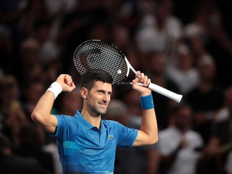 Novak Djokovic celebrates his straight-sets victory over Maxime Cressy in the Paris Masters. (EPA PHOTO)