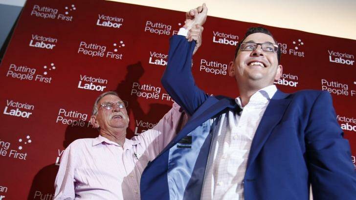 Daniel Andrews on election night in 2014 with his father Bob. Photo: Eddie Jim