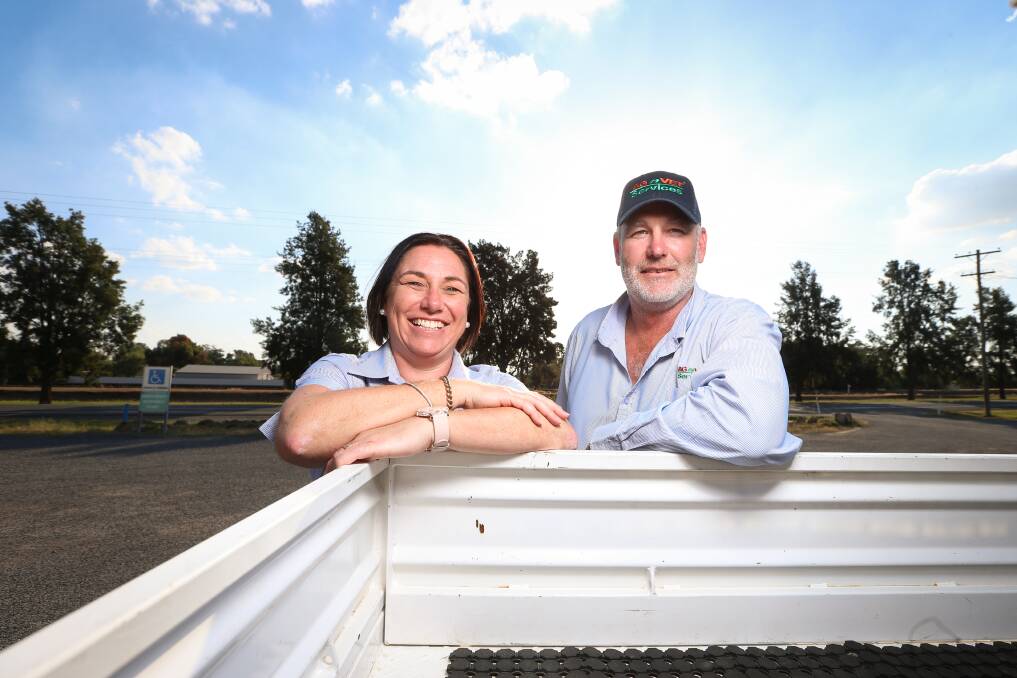 RURAL BOOM: AGnVET Henty's Adrian O'Brien and Robyn Armstrong have seen a huge rise in demand for properties, land and rentals in the town, especially since COVID hit. Picture: JAMES WILTSHIRE 