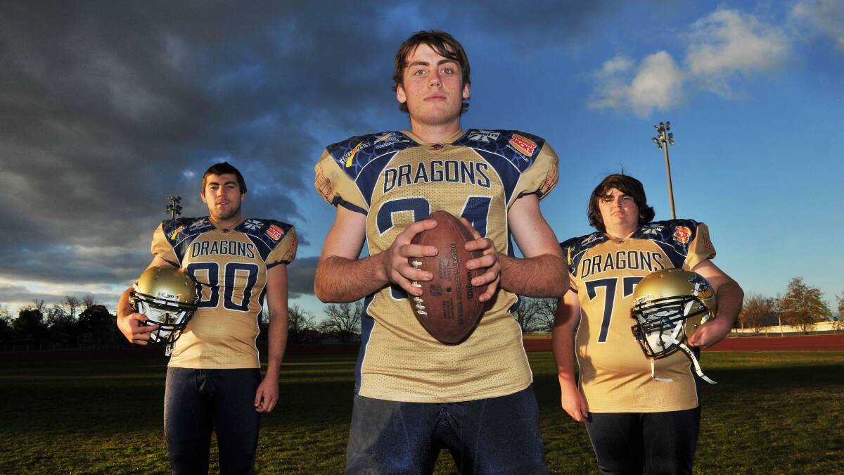 Recruitment drive in order to launch the Bendigo Dragons junior gridiron club
Junior players Brent Jane, Noah Sims and Tyler Nadort.
Picture: Julie Hough 
15.06.13