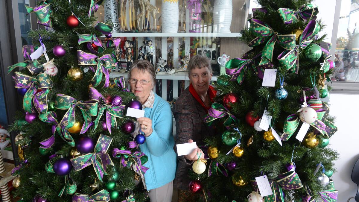 VOLUNTEERS: Mary Raymond and Janet Brown with the trees. Picture: JIM ALDERSEY
