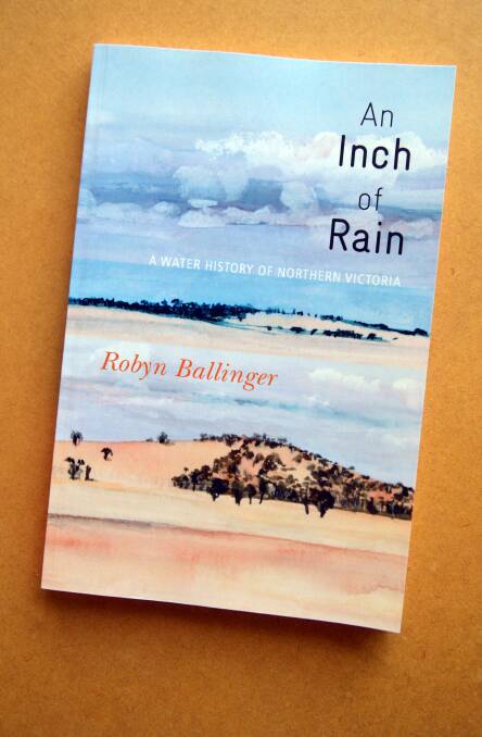 Clockwise from far left: Author Robyn Ballinger's An Inch of Rain; Ballinger at her Longlea home with a copy of her book; Ballinger's partner Tom Henty's watercolour of the northern plains, which has been used for the cover of the book; Ballinger's notebook and; Ballinger in her home library. Pictures: BRENDAN McCARTHY