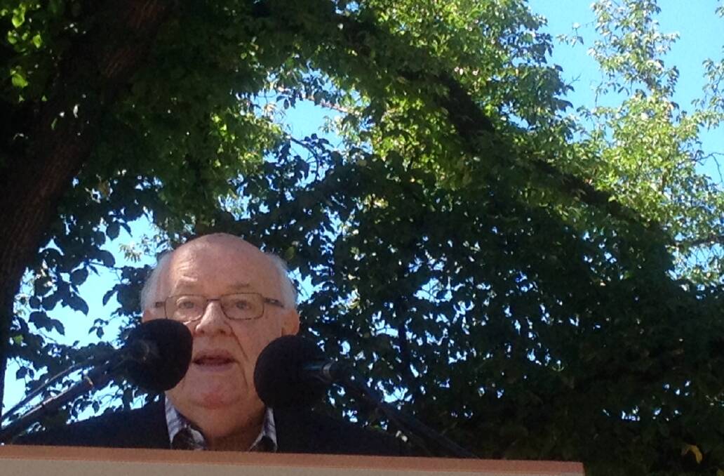 CASTLEMAINE: Father Bob delivers a speech. Picture: BRENDAN McCARTHY 