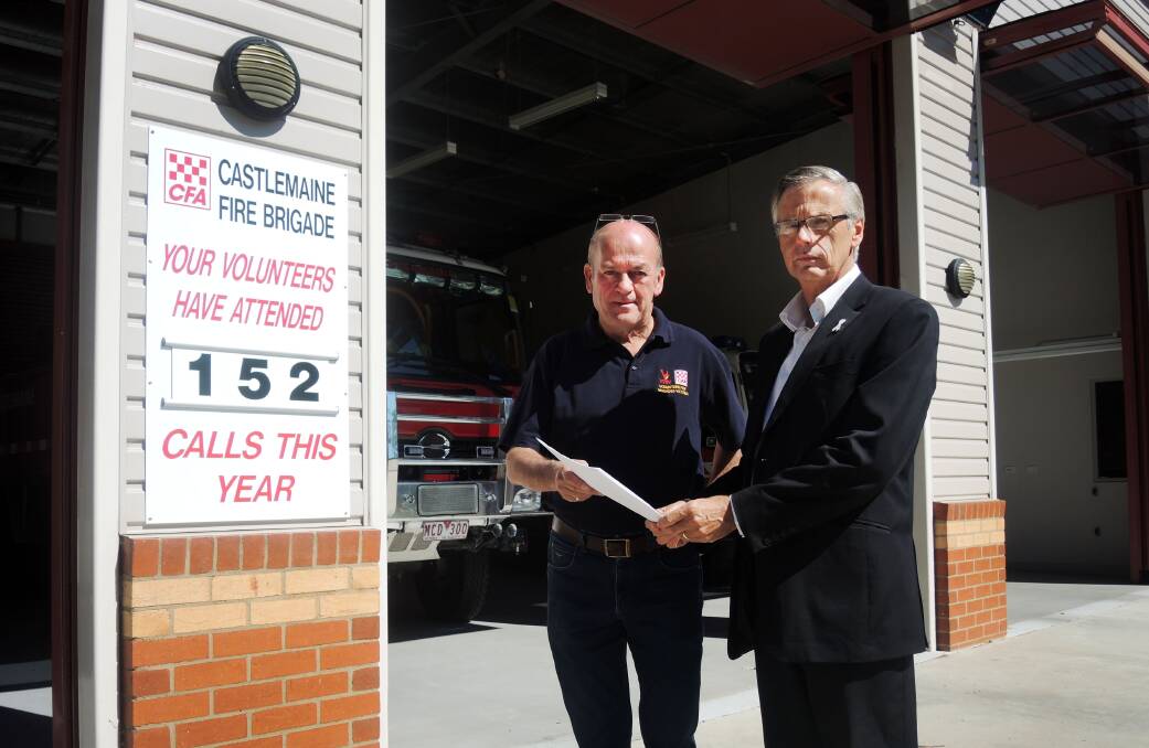 CONCERN: Volunteer Fire Brigades Victoria board member Bill Maltby and Liberal candidate for Bendigo West Michael Langdon with the letter to politicians. Picture: ADAM HOLMES