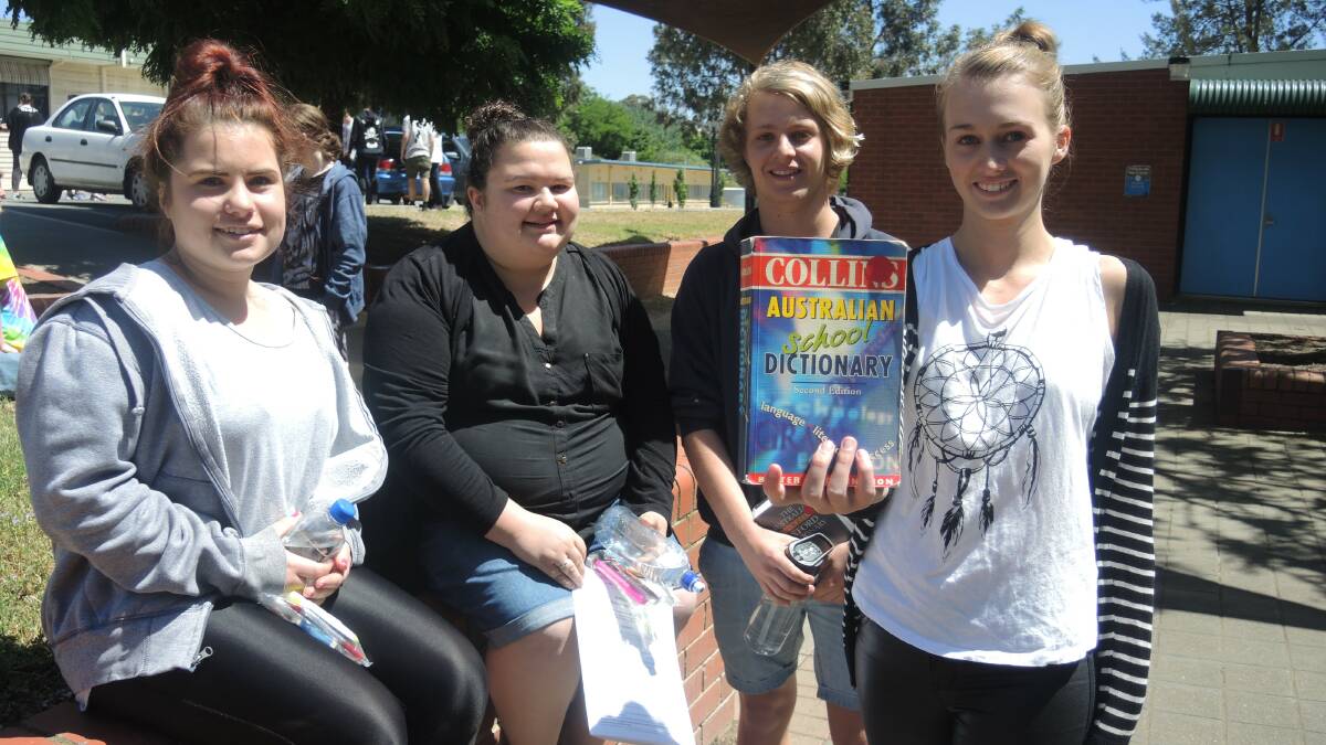 Bendigo Senior Secondary School students Bridie Lyle, Melissa Rosenow, Lachlann Tyson and Kimberly Adams just after they finished their first exam.