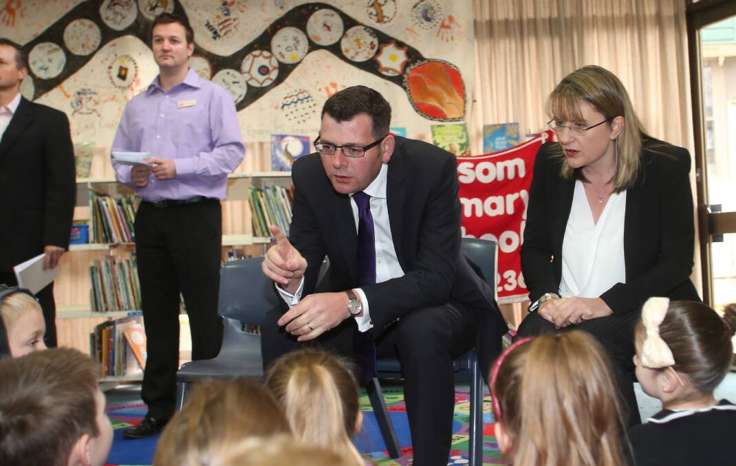 PLEDGE: Daniel Andrews and Jacinta Allan at Epsom Primary School last year. Picture: GLENN DANIELS