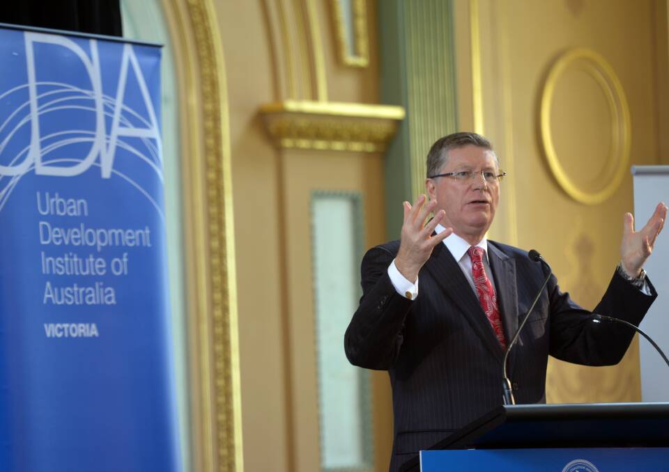 IN HIS HANDS: Premier Denis Napthine at Bendigo Town Hall last week, the first of many visits in the coming months. Picture: BRENDAN McCARTHY