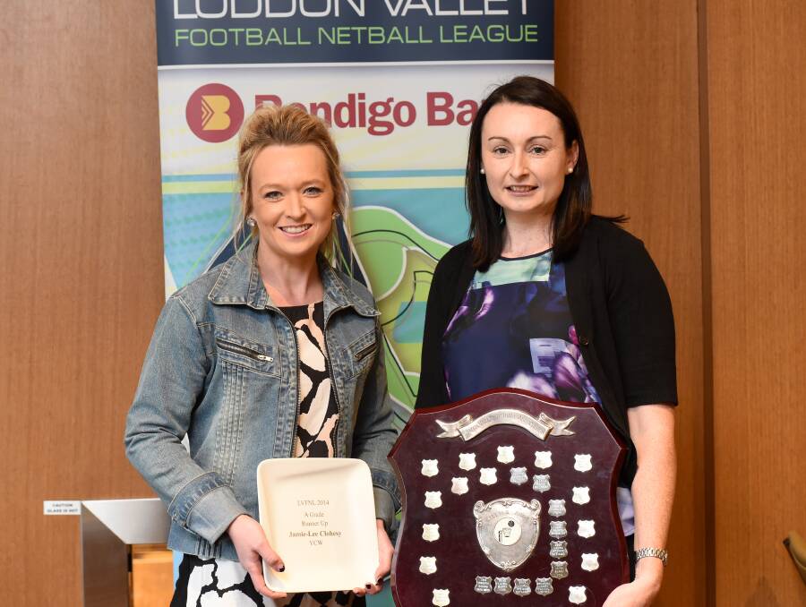 TOP TWO: YCW's Jamie-Lee Clohesy and Calivil United's Christie Rogers were runner-up and winner of the Loddon Valley Football Netball League's A-grade netball best and fairest award. Picture: JODIE DONNELLAN