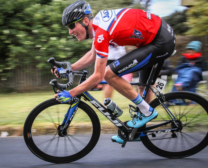 HOT FORM: Zak Dempster racing for SASI in the Mitchelton Wines Bay criterium series. Picture: Dion Jelbart 