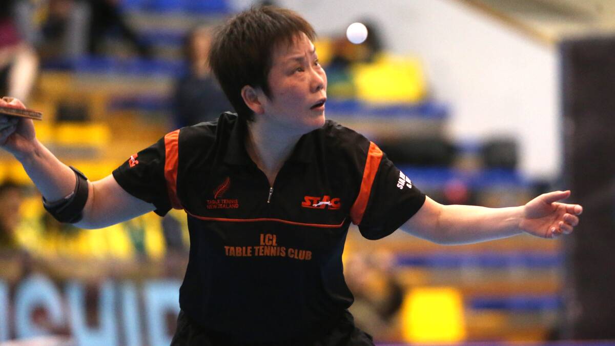 New Zealand star Li Chunli serves in the final at the Oceania table tennis championships in Bendigo. 