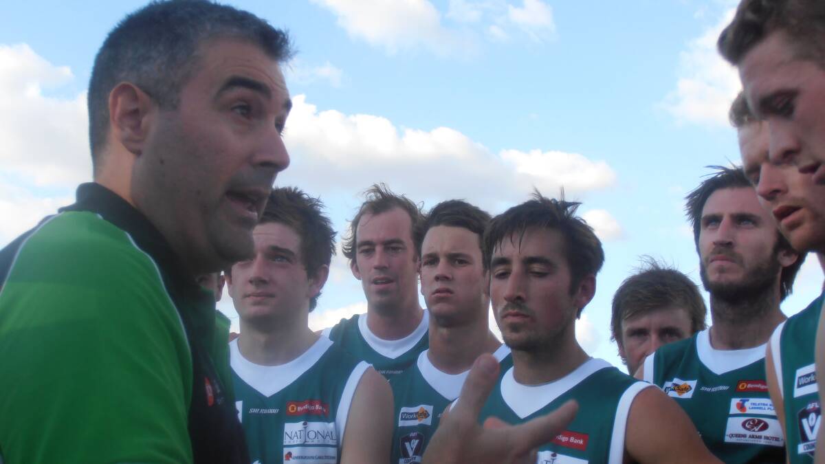 FIRST-UP VICTORY: Kangaroo Flat coach Jason Stevens talks tactics at a quarter-time huddle. Picture: CONTRIBUTED