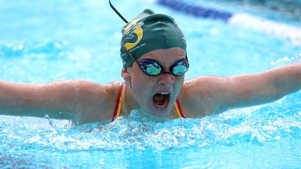 Summah McKnight competes in the 50m butterfly at Eaglehawk Secondary College's swimming championships. Picture: GLENN DANIELS