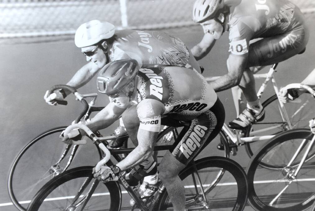 DUELLING WHEELS: Stephen Pate leads Scott McGrory and Peter Attard in an Aces points-score at the Tom Flood Sports Centre track. 