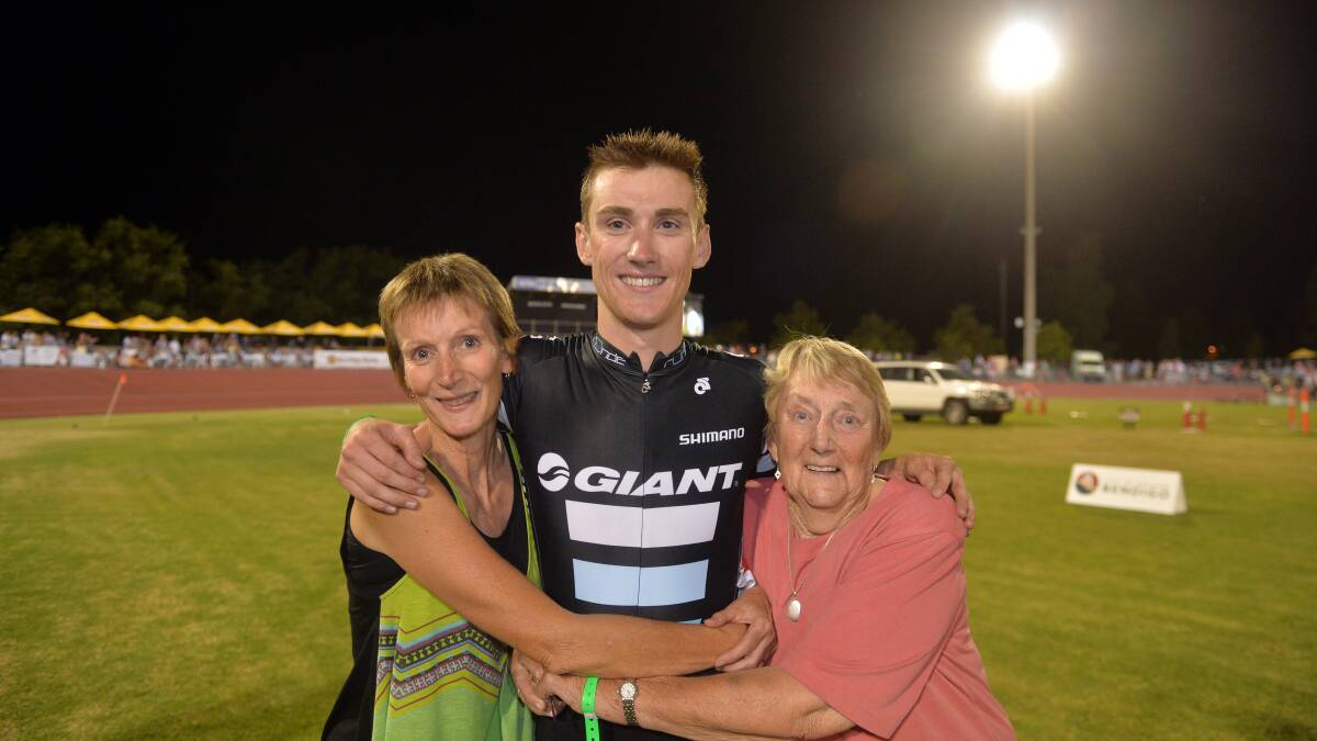 Sam Crome is congratulated by his mum Lyn Crome and grandmother Joan Purtill after a stunning victory in the Bendigo International Madison with Dutch ace Roy Pieters. 