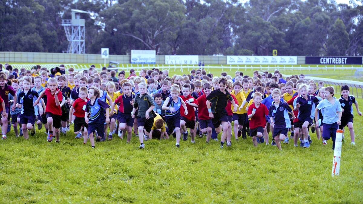 The 9-year boys charge down the Bendigo Jockey Club straight at last year's primary school cross-country titles. Picture: BRENDAN McCARTHY