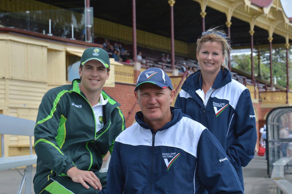 KEEN SPECTATORS: Nick Pryde  from Cricket Australia, Howard Louis and Jeanetta Rodwell from School Sports Victoria at Saturday's boys' match between NSW and ACT at the Queen Elizabeth Oval in Bendigo. 
