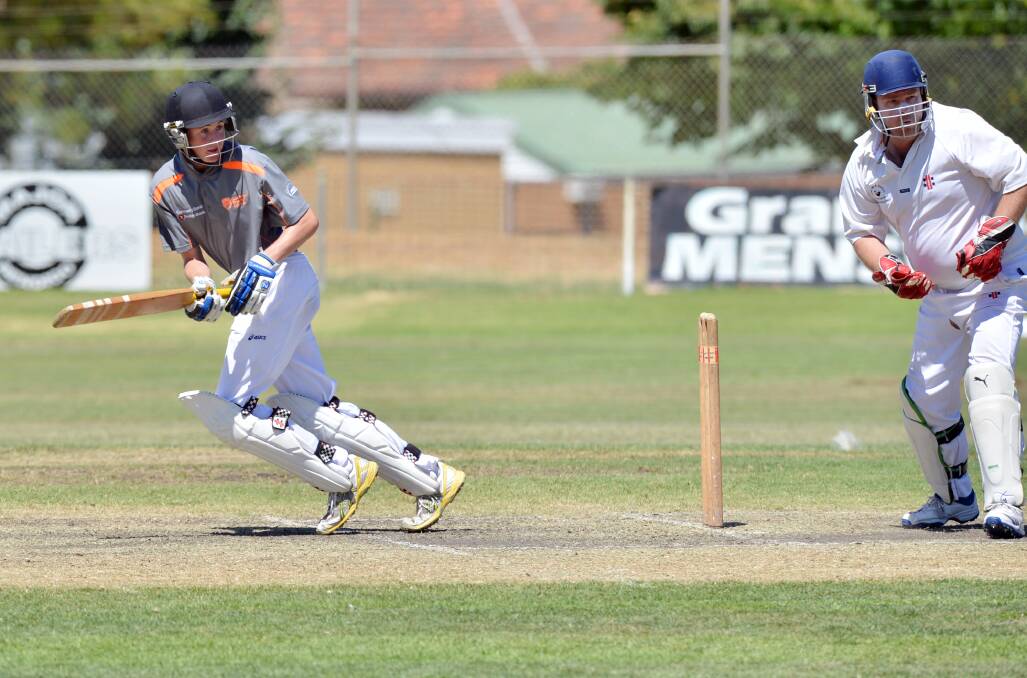 Brendan Moyle from Goulburn Murray Colts plays the ball to fine leg against Swan Hill at Eaglehawk's Canterbury Park. Picture: BRENDAN McCARTHY