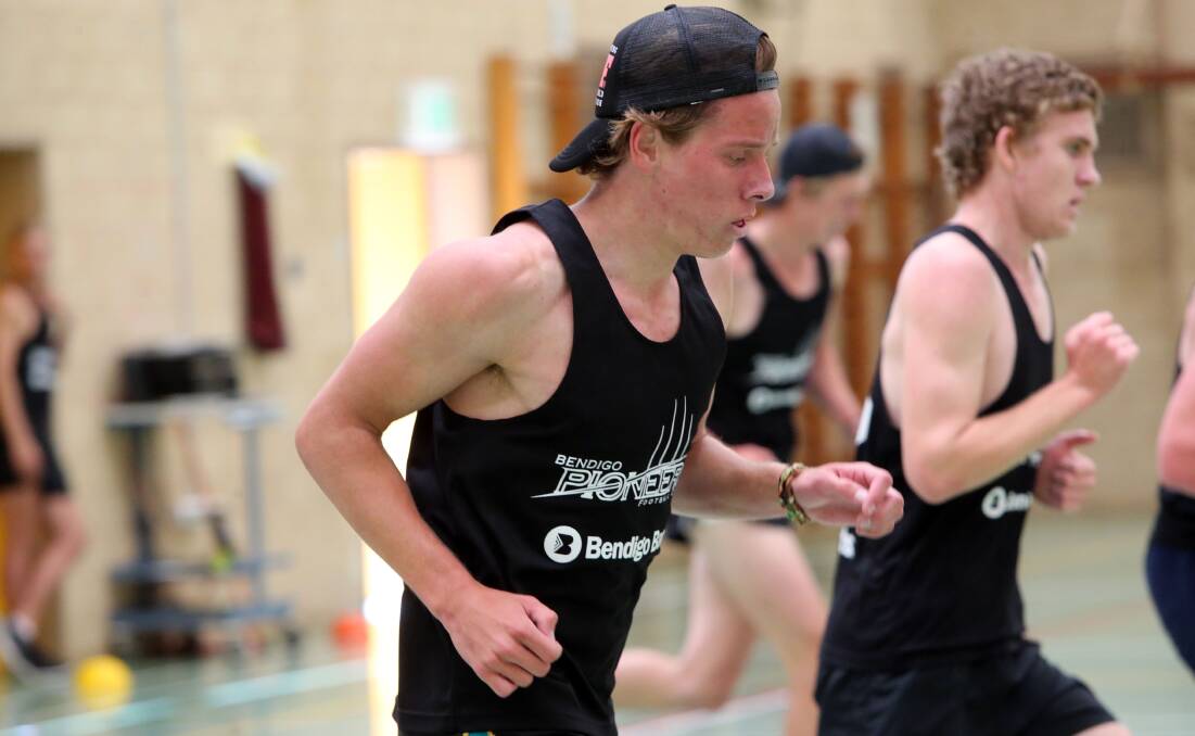 Henry Kerr on the run in the beep test at the Bendigo Pioneers workout. Picture: LIZ FLEMING
