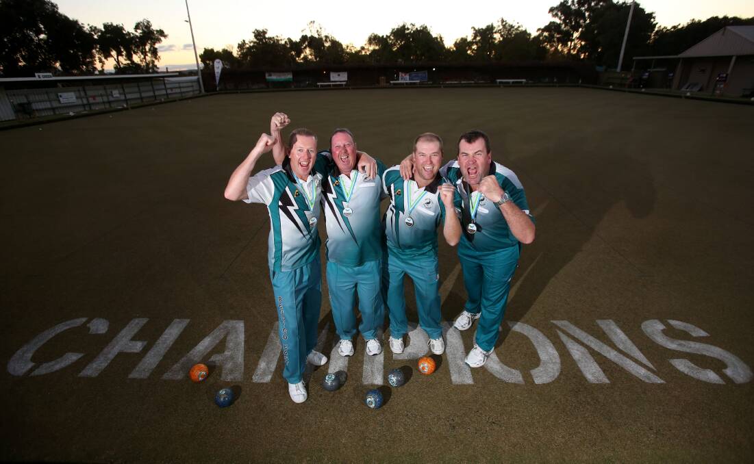 ECSTATIC: Bendigo East clubmates  David Morris, Gary Ryan, Brad Holland and David Keenan joined forces on home greens to win the Bowls Victoria state triples and fours championships. Picture: GLENN DANIELS 