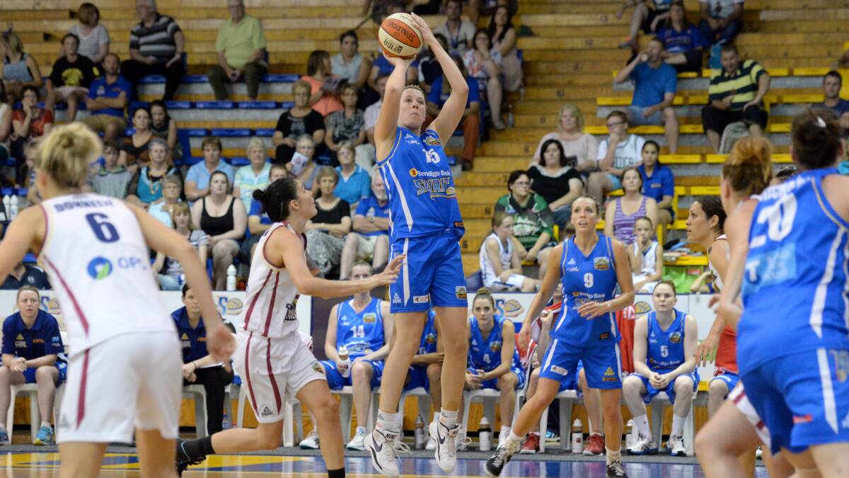 BIRTHDAY GIRL: Sara Blicavs aims for the basket in Bendigo's win against Logan. Picture: JIM ALDERSEY