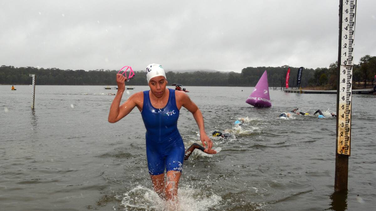 SWIM'S DONE: Victoria's Kate Cassel-Ashton exits the water in the 17-19 years race. Picture: BRENDAN McCARTHY